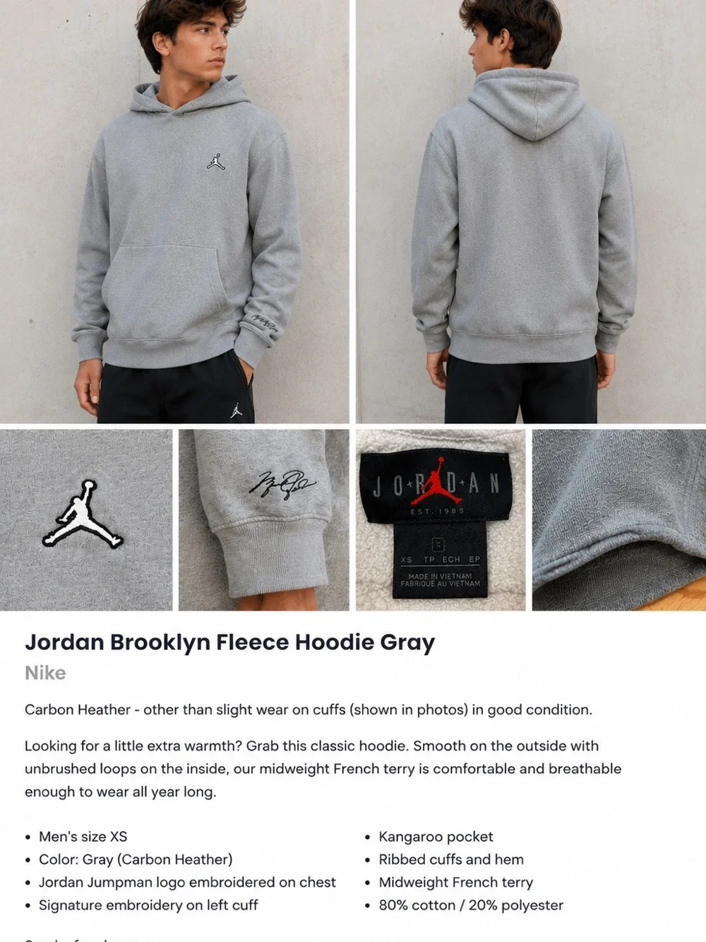 Jordan Gray Brooklyn Fleece Hoodie Gray Men’s XS
